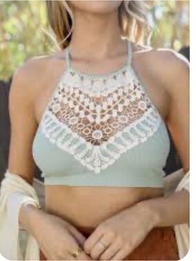 Three Bird Nest Sage Green Ribbed Halter Bralette with Cream Crochet